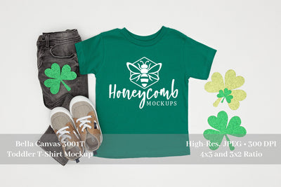 St Patrick's Day Toddler Boy Mockup, Bella Canvas 3001T Kelly, Toddler Boy Green Shirt Mockup Mock Up Photo Honeycomb Mockups 