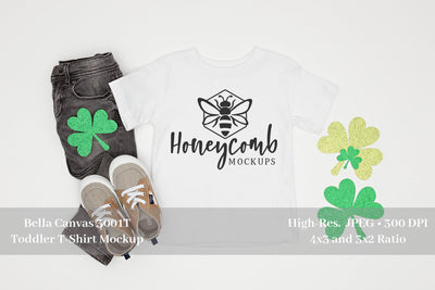 St Patrick's Day Toddler Boy Mockup, Bella Canvas 3001T White, Toddler Boy White Shirt Mockup Mock Up Photo Honeycomb Mockups 