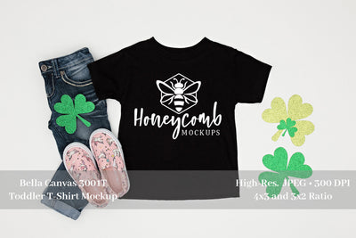 St Patricks Day Toddler Girl Mockup, Bella Canvas 3001T Black, Toddler Black Shirt Mockup Mock Up Photo Honeycomb Mockups 