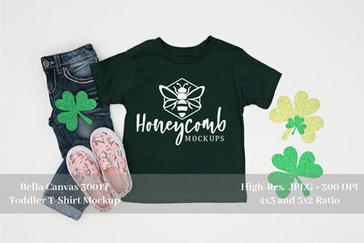 St Patrick's Day Toddler Girl Mockup, Bella Canvas 3001T Forest, Toddler Girl Shirt Mockup Mock Up Photo Honeycomb Mockups 