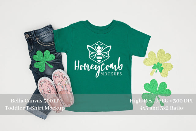 St Patrick's Day Toddler Girl Mockup, Bella Canvas 3001T Kelly, Toddler Girl Green Shirt Mockup Mock Up Photo Honeycomb Mockups 