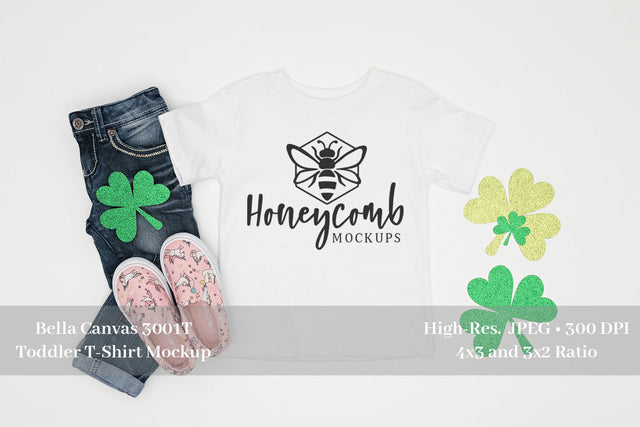 St Patrick's Day Toddler Girl Mockup, Bella Canvas 3001T White, Toddler Girl White Shirt Mockup Mock Up Photo Honeycomb Mockups 