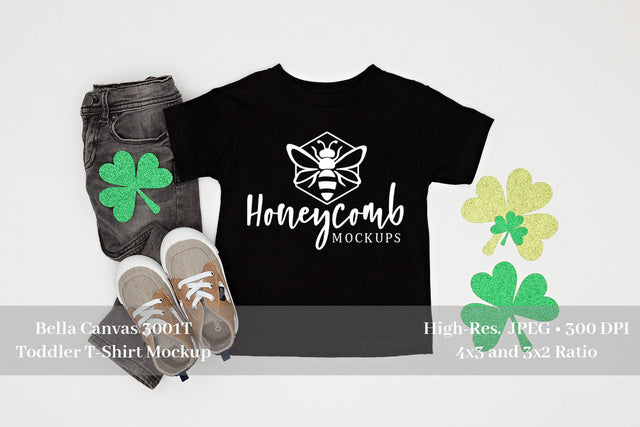 St Patricks Day Toddler Mockup, Bella Canvas 3001T Black, Toddler Boy Mockup Mock Up Photo Honeycomb Mockups 