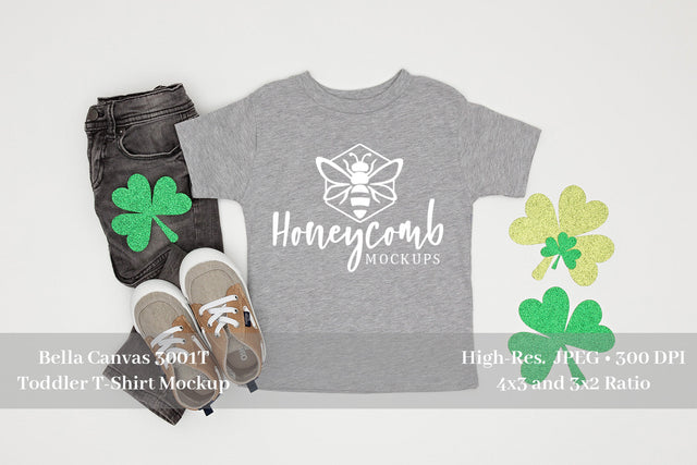 St Patrick's Day Toddler Mockup, Bella Canvas 3001T Heather Athletic, Toddler Boy Shirt Mockup Mock Up Photo Honeycomb Mockups 