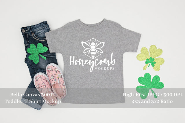 St Patrick's Day Toddler Mockup, Bella Canvas 3001T Heather Athletic, Toddler Girl Mockup Mock Up Photo Honeycomb Mockups 