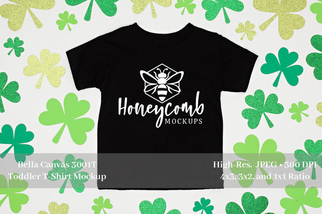 St Patrick's Day Toddler Mockup, Black Bella Canvas 3001T, Kids Mockup Mock Up Photo Honeycomb Mockups 