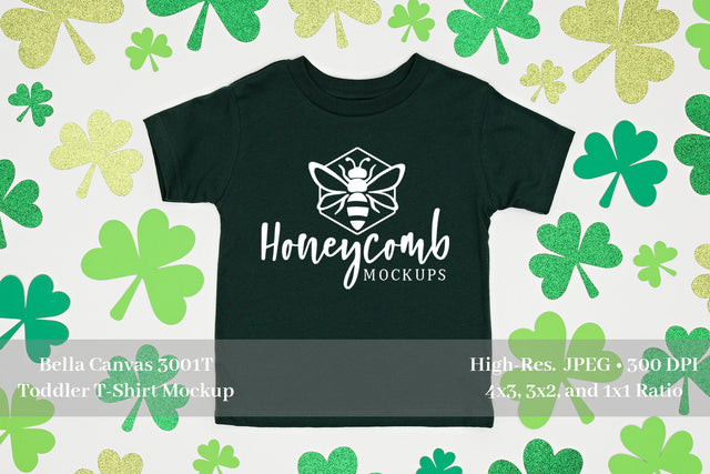 St Patrick's Day Toddler Mockup, Forest Bella Canvas 3001T, Toddler Forest Green Shirt Mockup Mock Up Photo Honeycomb Mockups 