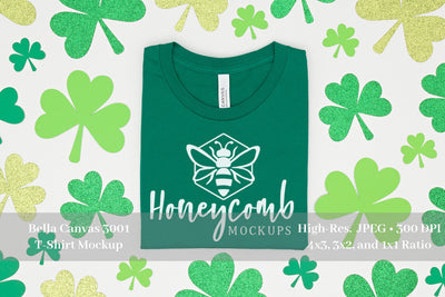 St Patrick's Day Tshirt Mockup, Bella Canvas 3001 Kelly, Folded Tshirt Mockup Mock Up Photo Honeycomb Mockups 