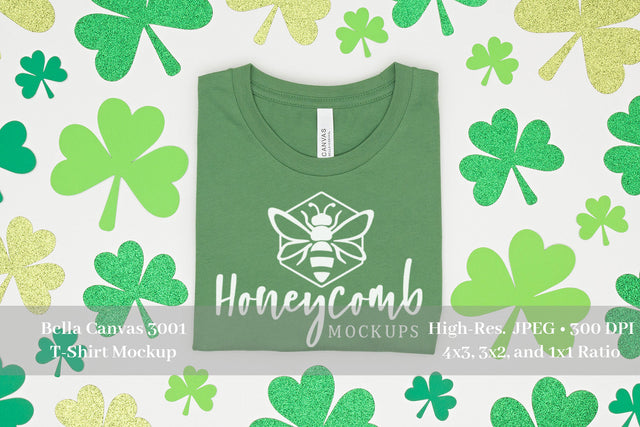 St Patrick's Day Tshirt Mockup, Leaf Bella Canvas 3001, Folded T-Shirt Mockup Mock Up Photo Honeycomb Mockups 