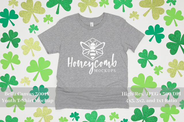 St Patrick's Day Youth Mockup, Bella Canvas 3001Y Heather Athletic, Kids Grey T-Shirt Mockup Mock Up Photo Honeycomb Mockups 