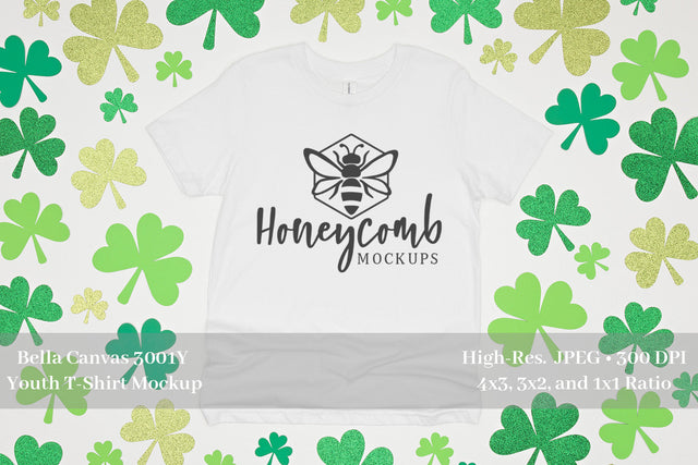 St Patrick's Day Youth Mockup, Bella Canvas 3001Y White, Kids White Tshirt Mockup Mock Up Photo Honeycomb Mockups 