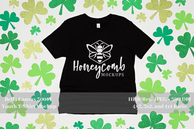 St Patrick's Day Youth Mockup, Black Bella Canvas 3001Y, Kids Black Tshirt Mockup Mock Up Photo Honeycomb Mockups 
