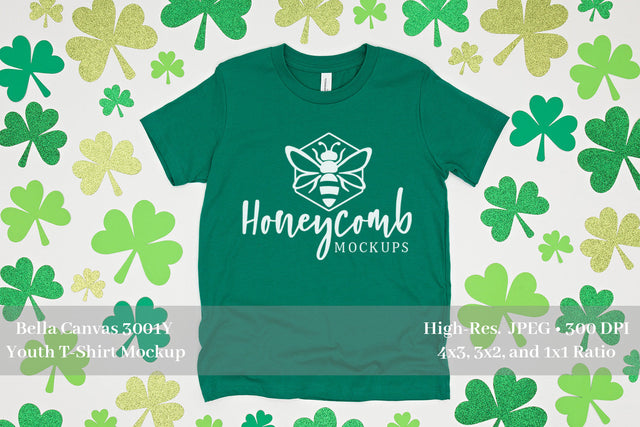 St Patrick's Day Youth Mockup, Kelly 3001Y Bella Canvas, Kids Kelly Green Mockup Mock Up Photo Honeycomb Mockups 