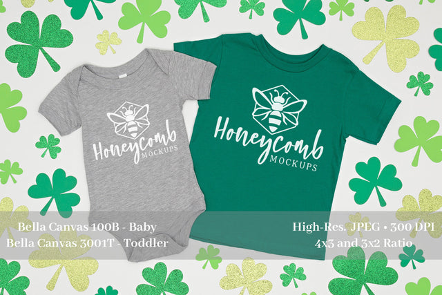 St Patrick's Sibling Mockup, Bella Canvas Heather Athletic 100B and Kelly 3001T, Baby and Toddler Mockup Mock Up Photo Honeycomb Mockups 