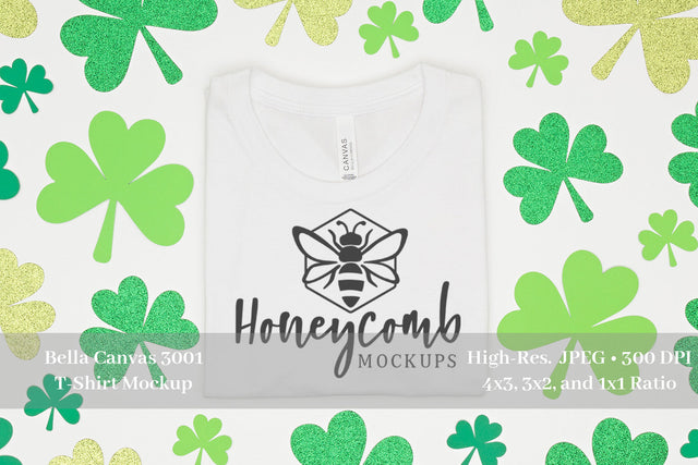 St Patrick's Tshirt Mockup, White Bella Canvas 3001, Folded Tshirt Mockup Mock Up Photo Honeycomb Mockups 