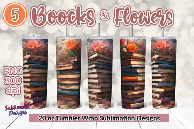 Stack of Books & Flowers Tumbler Wrap Bundle Sublimation Sublimatiz Designs 
