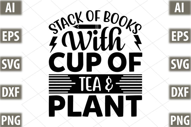 Stack Of Books With Cup Of Tea & Plant SVG SVGista 