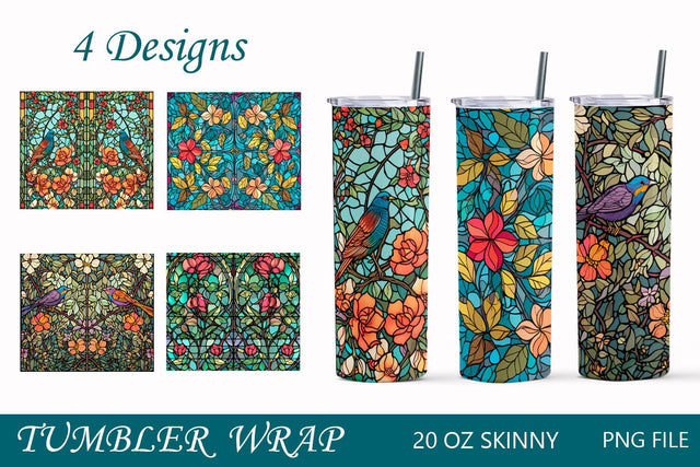 Stained glass 20oz tumbler wrap, Birds and flowers sublimation png Sublimation AnastasiyaArtDesign 