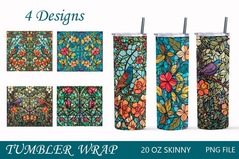 Stained glass 20oz tumbler wrap, Birds and flowers sublimation png Sublimation AnastasiyaArtDesign 