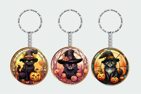 Stained Glass Black Cat Halloween Keychain Sublimation Sublimation OrangeBrushStudio 