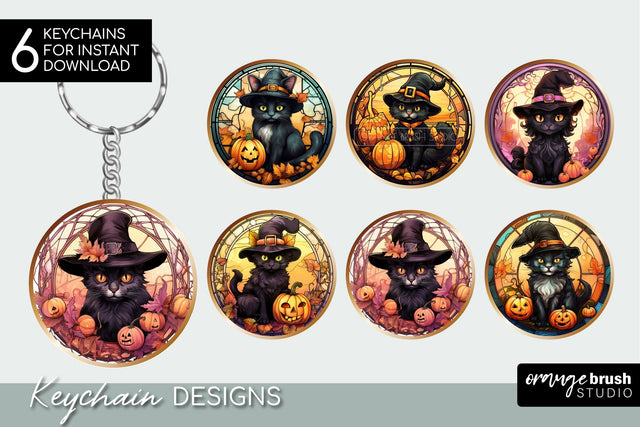 Stained Glass Black Cat Halloween Keychain Sublimation Sublimation OrangeBrushStudio 