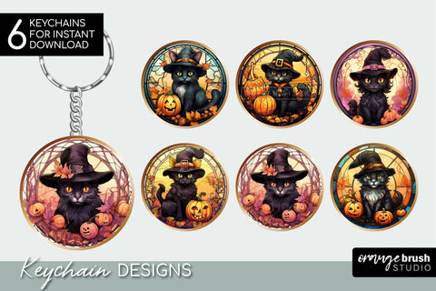 Stained Glass Black Cat Halloween Keychain Sublimation Sublimation OrangeBrushStudio 