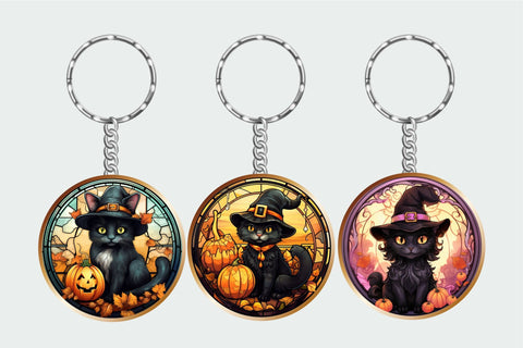 Stained Glass Black Cat Halloween Keychain Sublimation Sublimation OrangeBrushStudio 