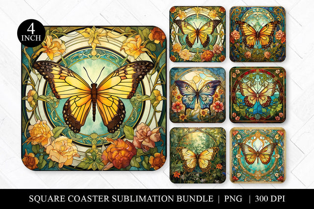 Stained Glass Butterflies Square Coaster Sublimation Bundle Sublimation BijouBay 