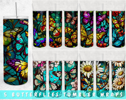 Stained Glass Butterflies Tumbler Wraps Bundle, 20 Oz Skinny Tumbler Butterflies Sublimation Designs, Butterfly Tumbler PNG, 5 Designs Sublimation HappyDesignStudio 