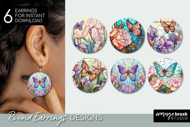 Stained Glass Butterfly Round Earrings Sublimation Bundle Sublimation OrangeBrushStudio 