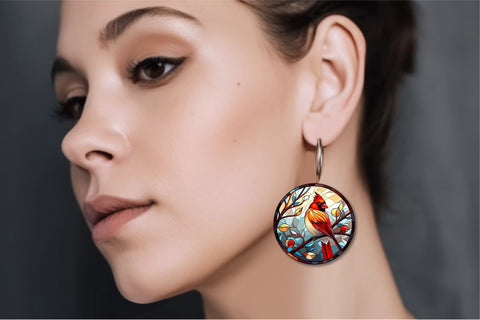 Stained Glass Cardinal Round Earrings Sublimation Bundle Sublimation OrangeBrushStudio 