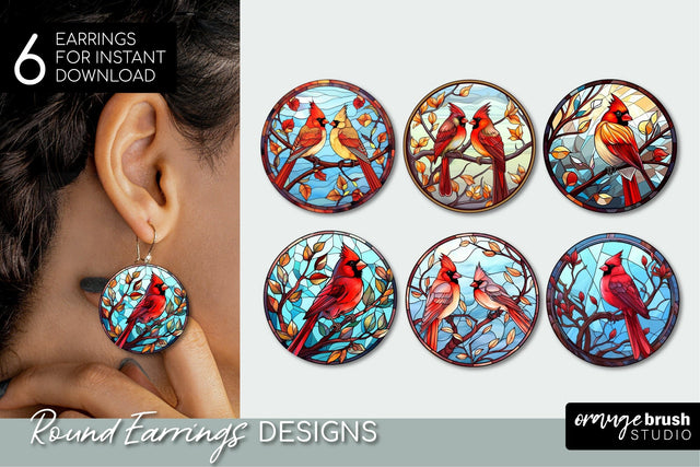 Stained Glass Cardinal Round Earrings Sublimation Bundle Sublimation OrangeBrushStudio 