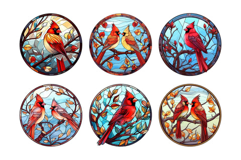 Stained Glass Cardinal Round PNG Background Bundle Sublimation OrangeBrushStudio 