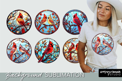 Stained Glass Cardinal Round PNG Background Bundle Sublimation OrangeBrushStudio 