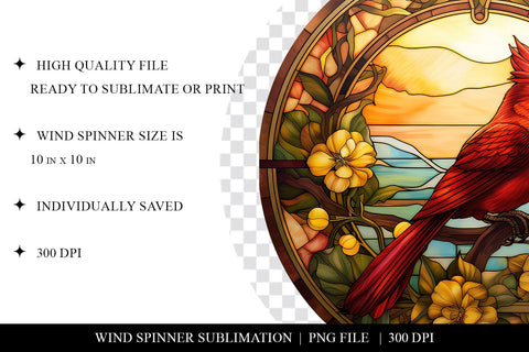 Stained Glass Cardinal Wind Spinner Sublimation Design PNG Sublimation BijouBay 