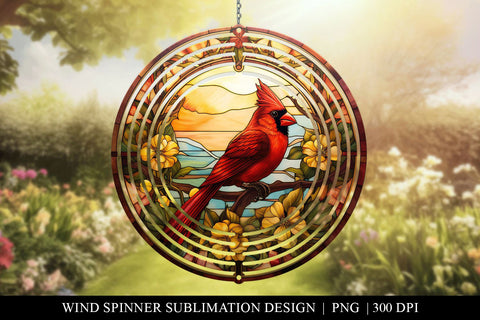 Stained Glass Cardinal Wind Spinner Sublimation Design PNG Sublimation BijouBay 