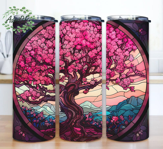 Stained Glass Cherry Blossom 20oz Skinny Tumbler Png, Nature Tree Tumbler, Sakura Floral Tumbler, Japanese Flower Tumbler, Spring Pink Cherry Blossom Tumbler Sublimation BouDesign 