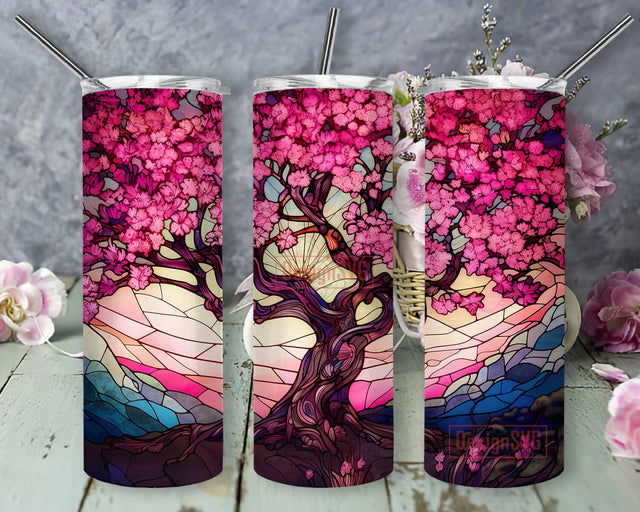 Stained Glass Cherry Blossom 20oz Skinny Tumbler Png, Nature Tree Tumbler, Sakura Floral Tumbler, Japanese Flower Tumbler, Spring Pink Cherry Blossom Tumbler Sublimation DesignSVG 