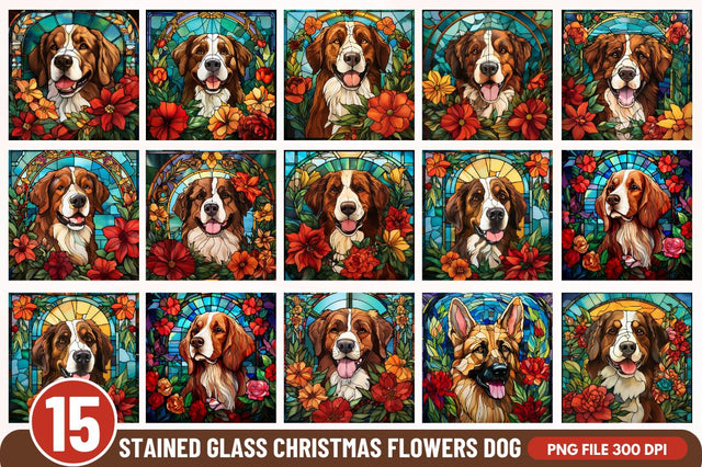 Stained Glass Christmas Flowers Dog Bundle Sublimation Regulrcrative 