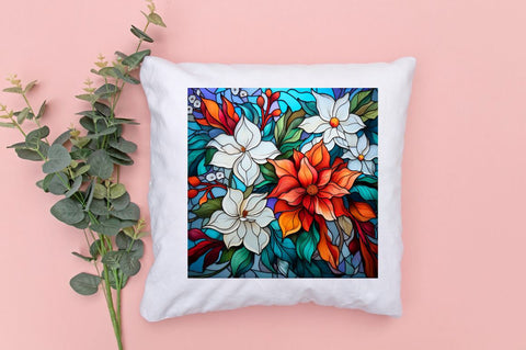 Stained Glass Christmas Flowers Pillow Sublimation Regulrcrative 