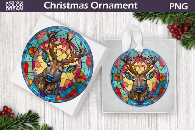 Stained Glass Christmas Ornament | Deer Christmas Ornament Sublimation WatercolorColorDream 