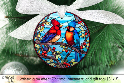 Stained Glass Christmas Ornament with Cardinal Birds Sublimation Designs by Ira 