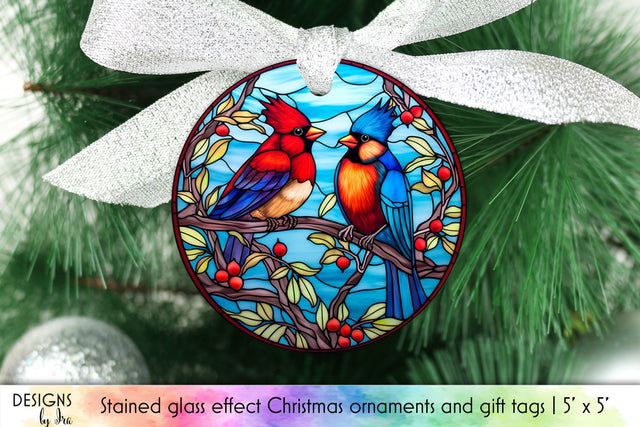 Stained Glass Christmas Ornament with Cardinal Birds Sublimation Designs by Ira 