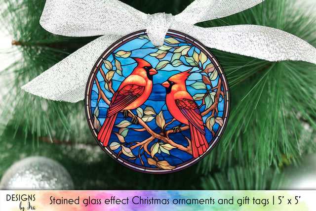 Stained Glass Christmas Ornament with Cardinal Birds Sublimation Designs by Ira 