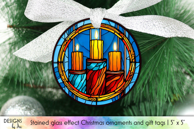Stained Glass Christmas Ornaments with Candles Sublimation Designs by Ira 