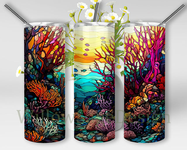 Stained Glass Coral Reef 20oz Skinny Tumbler Png, Ocean Tumbler Png, Coral Reef Tumbler, Beach Tumbler, Ocean Inspired, Ocean Lover Png Sublimation WillowSageDesign 