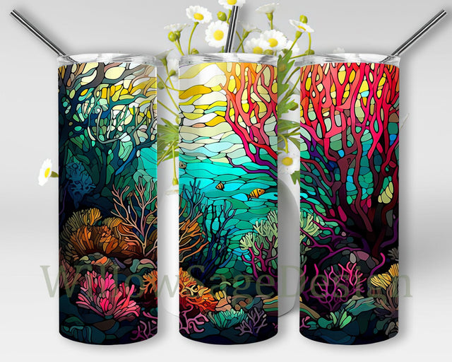 Stained Glass Coral Reef 20oz Skinny Tumbler Png, Ocean Tumbler Png, Coral Reef Tumbler, Beach Tumbler, Ocean Inspired, Ocean Lover Png Sublimation WillowSageDesign 