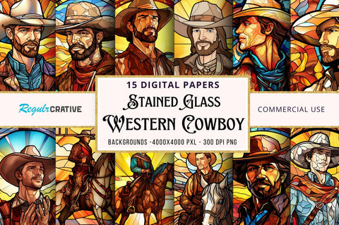 Stained Glass Cowboy Digital Paper bundle Sublimation Regulrcrative 