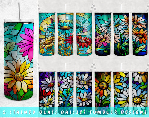 Stained Glass Daisies Tumbler Wraps Bundle, 20 Oz Skinny Tumbler Daisy Sublimation Designs, Daisy Tumbler PNG, 5 Designs Sublimation HappyDesignStudio 