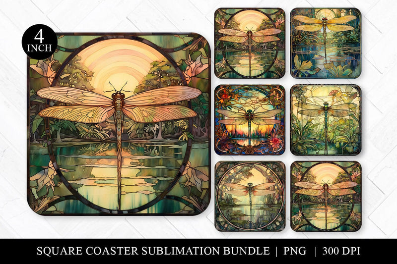 Stained Glass Dragonflies Square Coaster Sublimation Bundle Sublimation BijouBay 